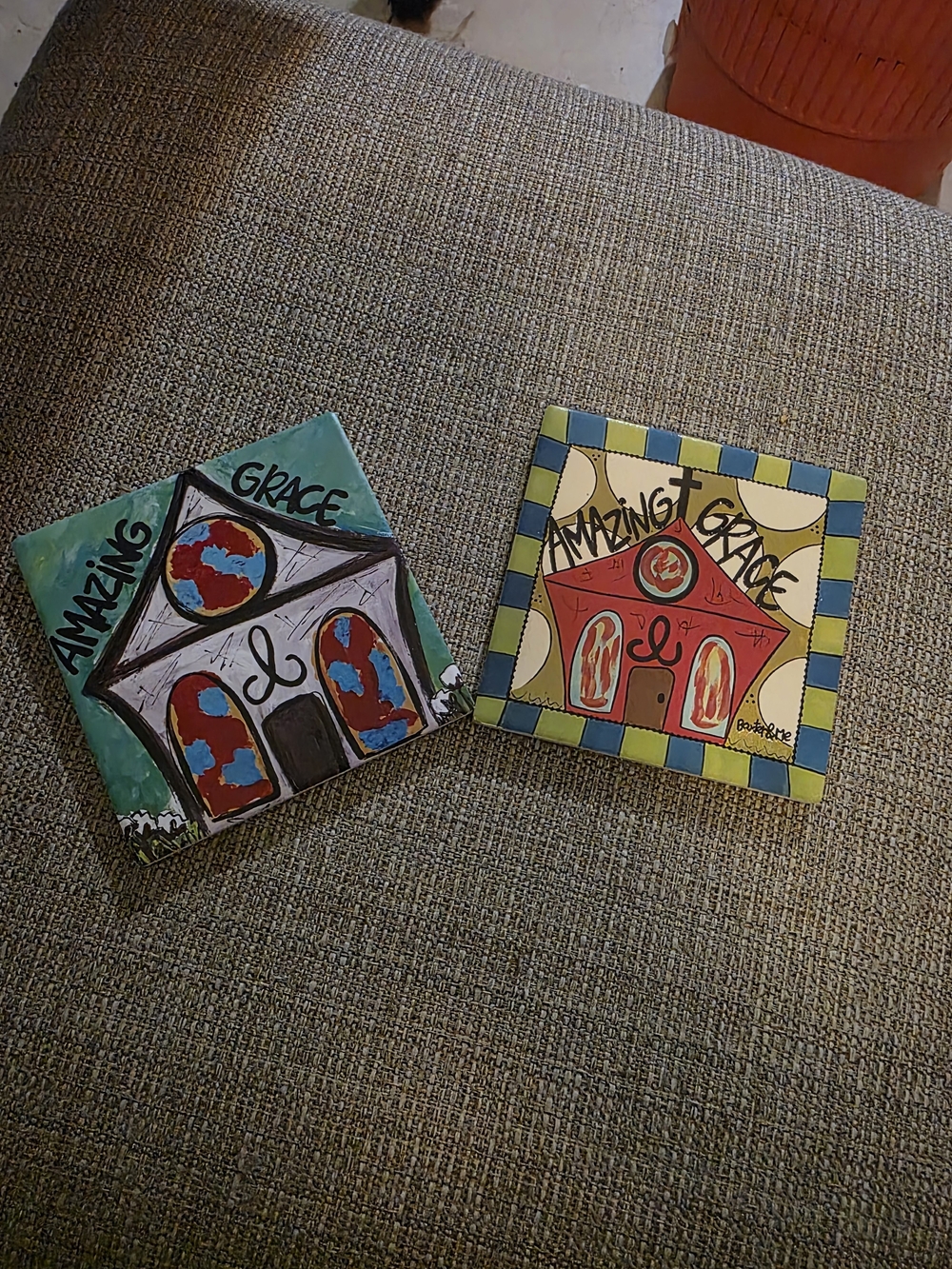 Pair of 'Amazing Grace' Decorative Ceramic Tiles - Colorful Church Motifs